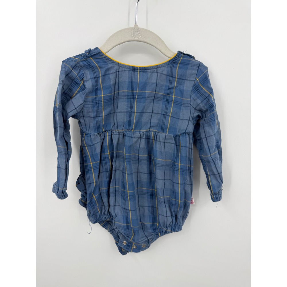 RuffleButts Plaid Ruffle Romper Baby Girl 18-24m Blue Yellow Long Sleeve Cotton